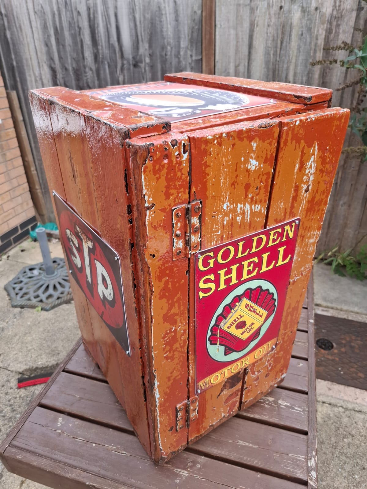 The Petrol Cabinet | Vintage Style Upcycled Wooden Cabinet with Enamel Signs