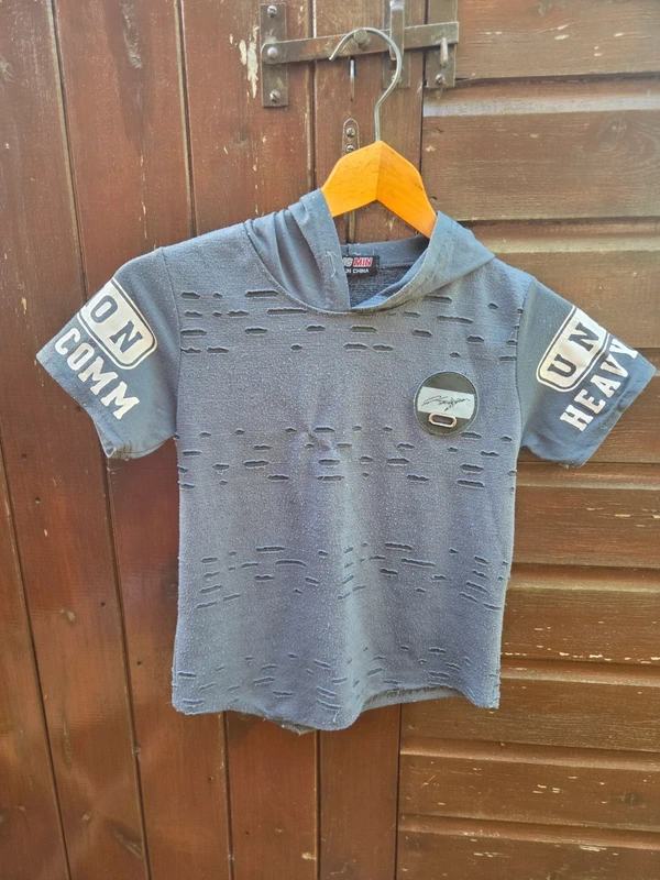 Grey distressed hooded t-shirt with badge and sleeve patches age 5