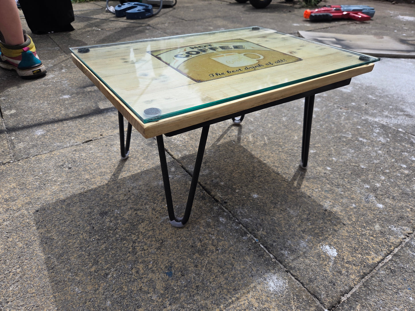 The Coffee Table | Handmade Reclaimed Pine and Glass Coffee Table with Vintage Sign Top