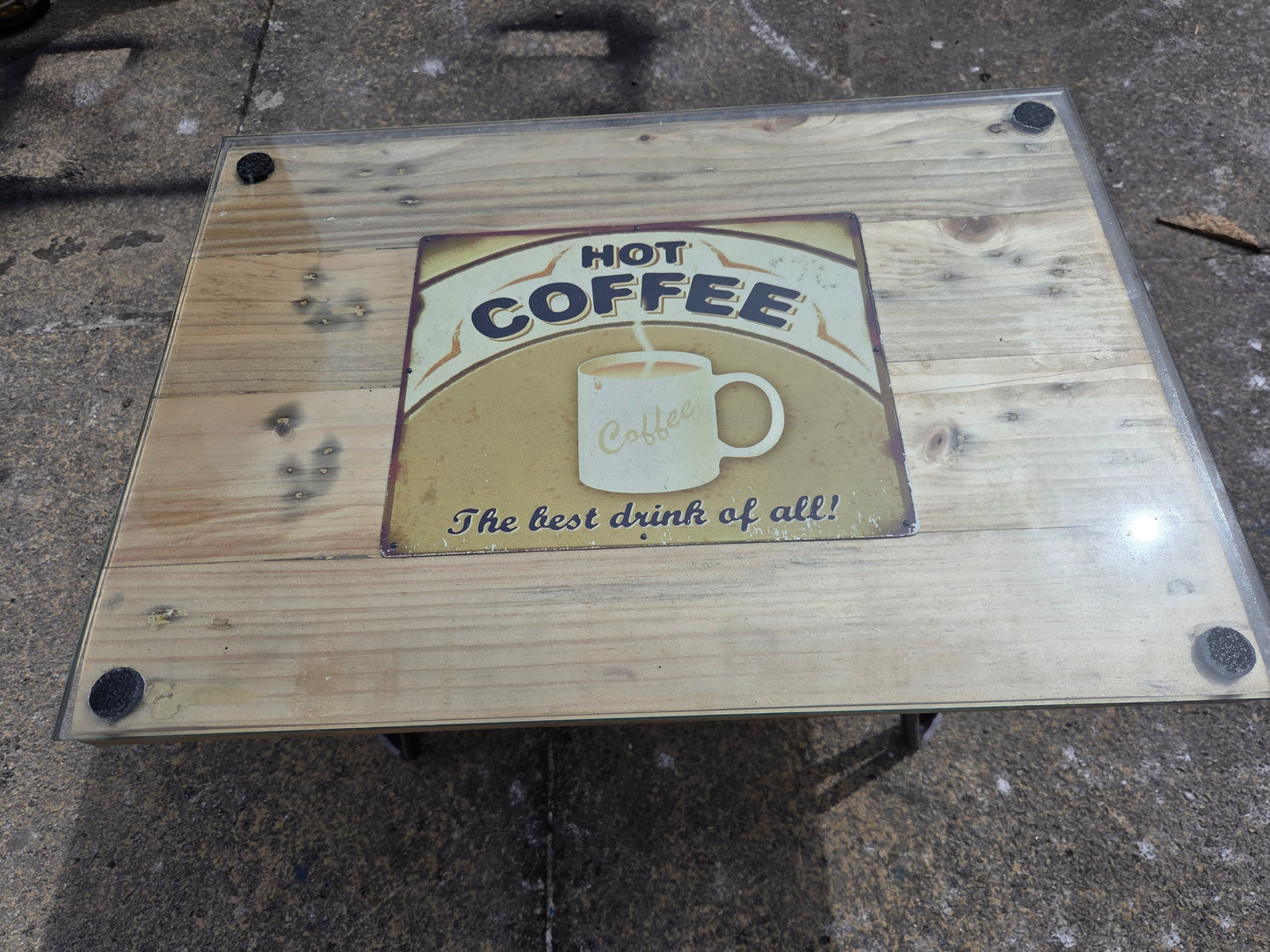 The Coffee Table | Handmade Reclaimed Pine and Glass Coffee Table with Vintage Sign Top