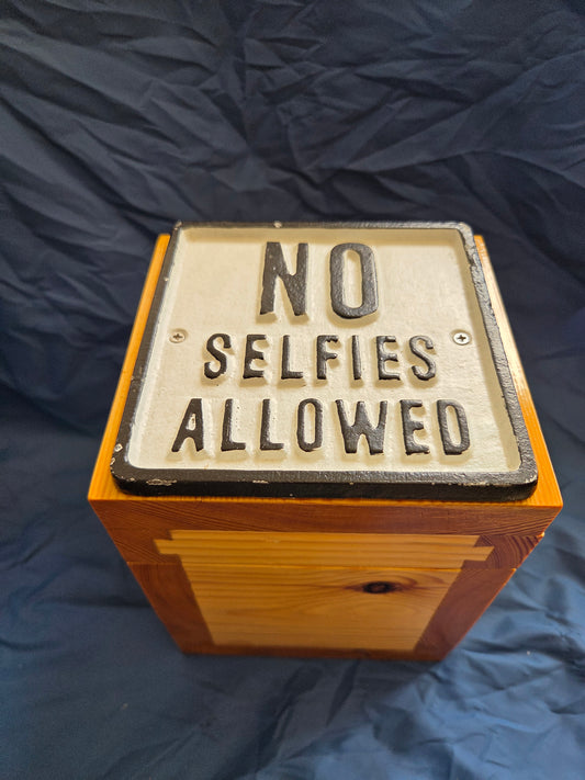 Vintage Cast Iron "No Selfies Allowed" Sign | Chunky Pine Box