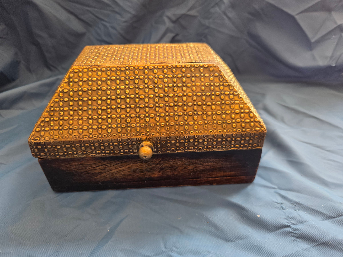 Vintage Brass Embossed Pyramid Trinket Box | Dark Wood Base