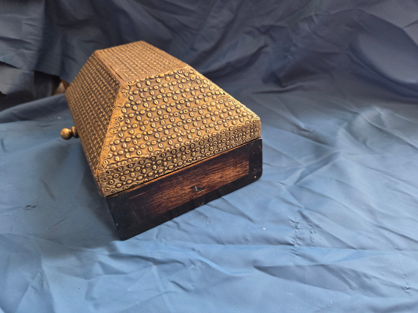 Vintage Brass Embossed Pyramid Trinket Box | Dark Wood Base