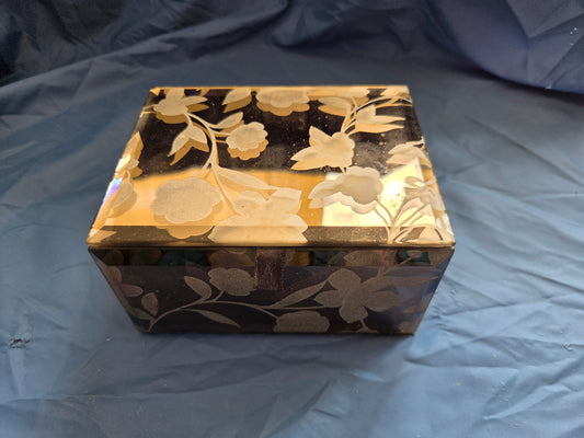 Vintage Black & Gold Floral Mirrored Trinket Box | Velvet Lined