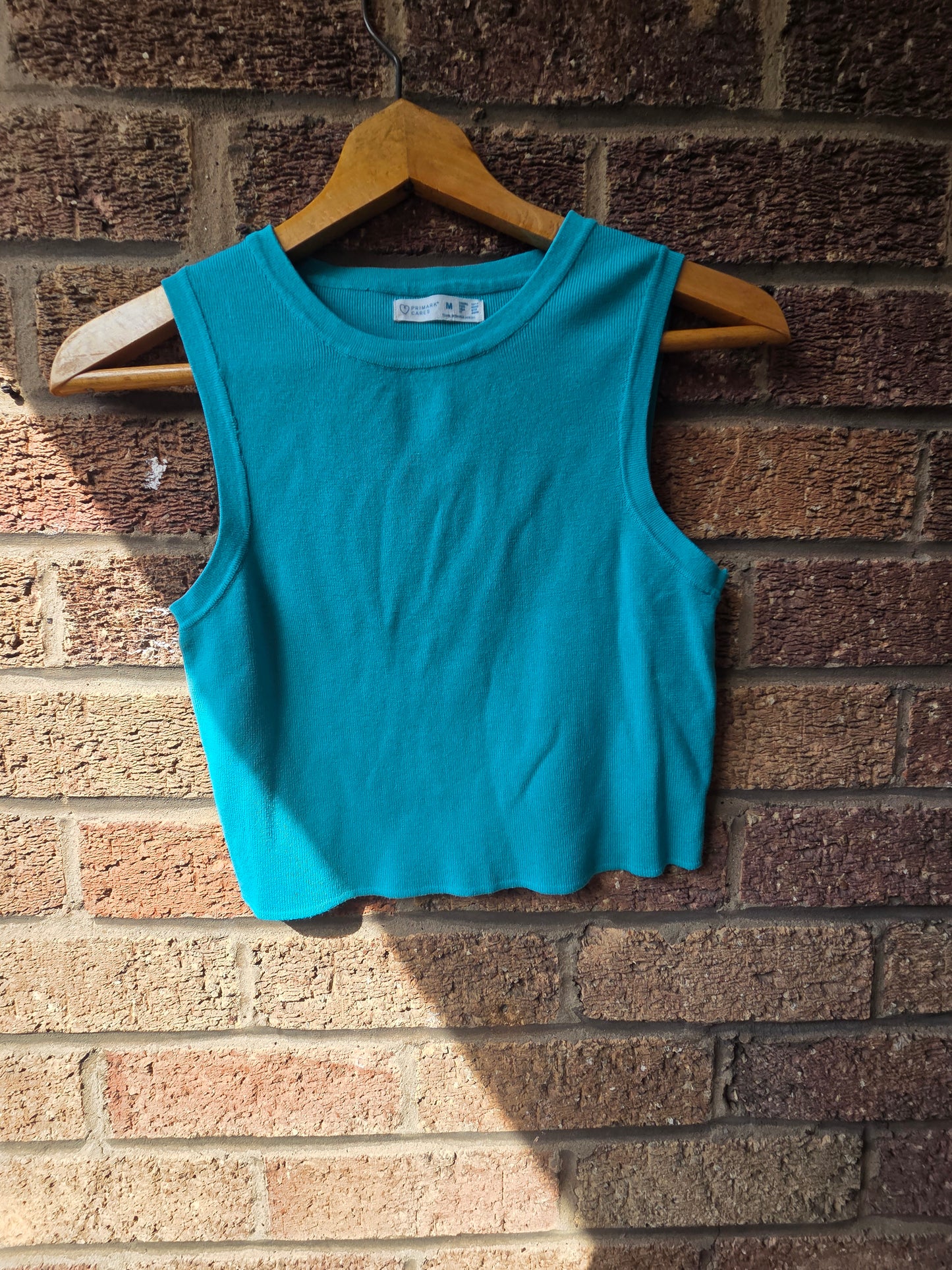 Vintage FCUK French Connection tan crop tee on wooden hanger against brick wall — front view