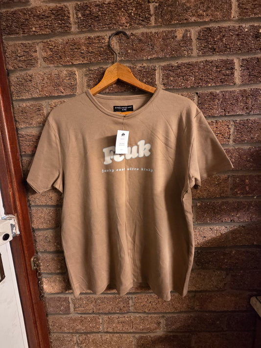 French Connection FCUK vintage graphic tee in caramac tan, front view on hanger