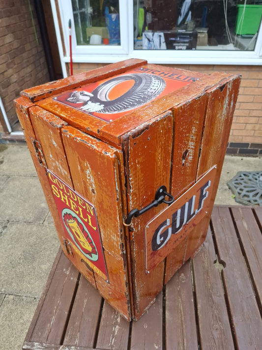 The Petrol Cabinet | Vintage Style Upcycled Wooden Cabinet with Enamel Signs