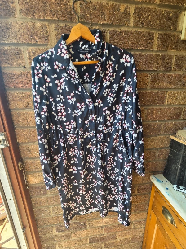 French Connection navy blossom print shirt dress - front view
