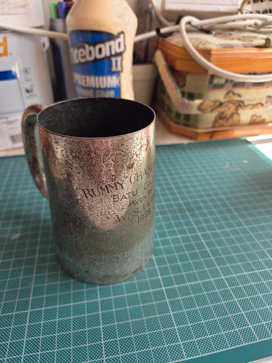 Antique 1928 silver plated trophy tankard - engraved front showing Rummy Championship Batu Gajah inscription