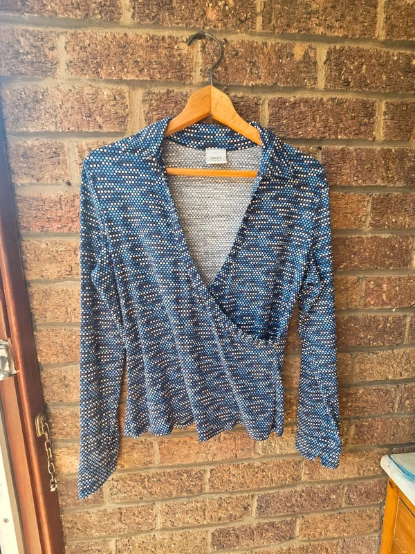 Next navy polka dot wrap top - front view