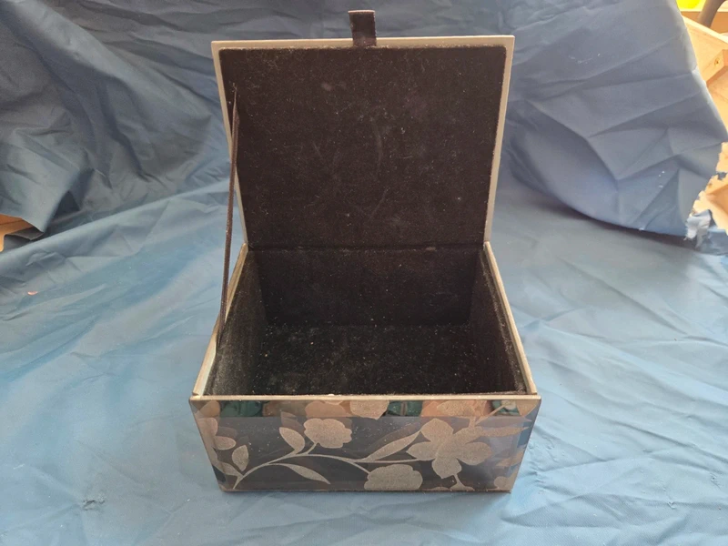 Vintage mirrored trinket box - open front view showing interior depth and velvet lining
