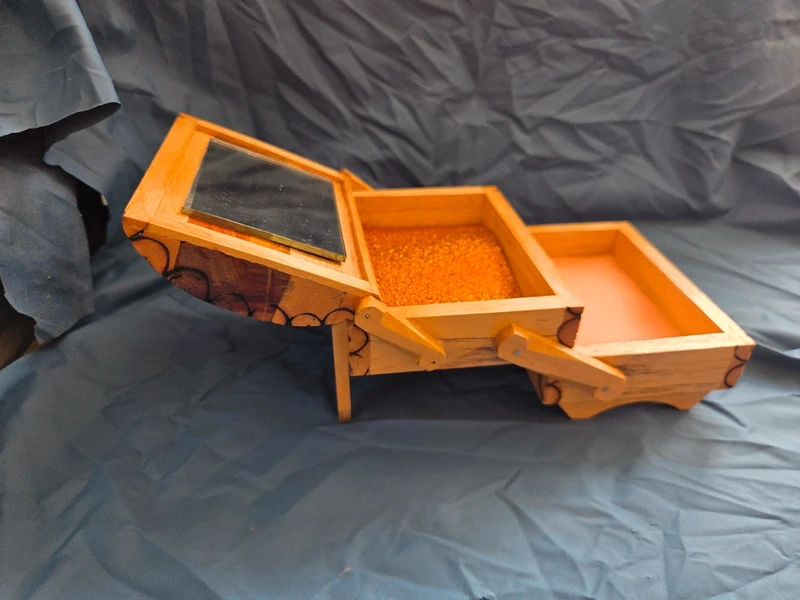Vintage Cuba jewellery box - fully expanded showing both compartments and mirror at angle
