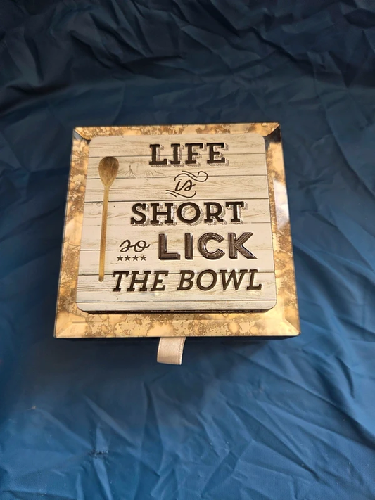 Vintage mirrored glass trinket box closed - Life is Short So Lick the Bowl rustic plaque lid with wooden spoon design