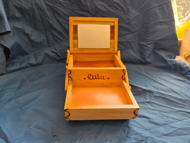 Vintage Cuba jewellery box - open showing both tiers with upper glitter tray and lower orange drawer