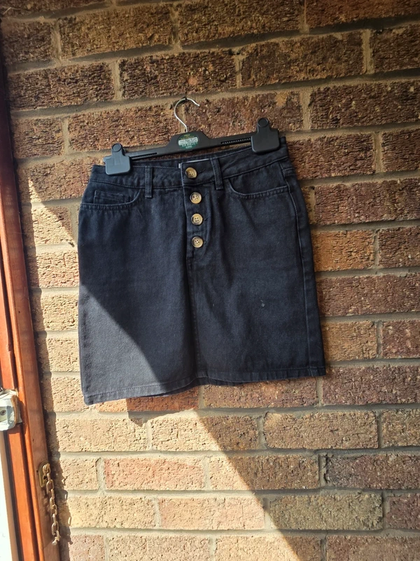New Look black denim button front mini skirt - front view