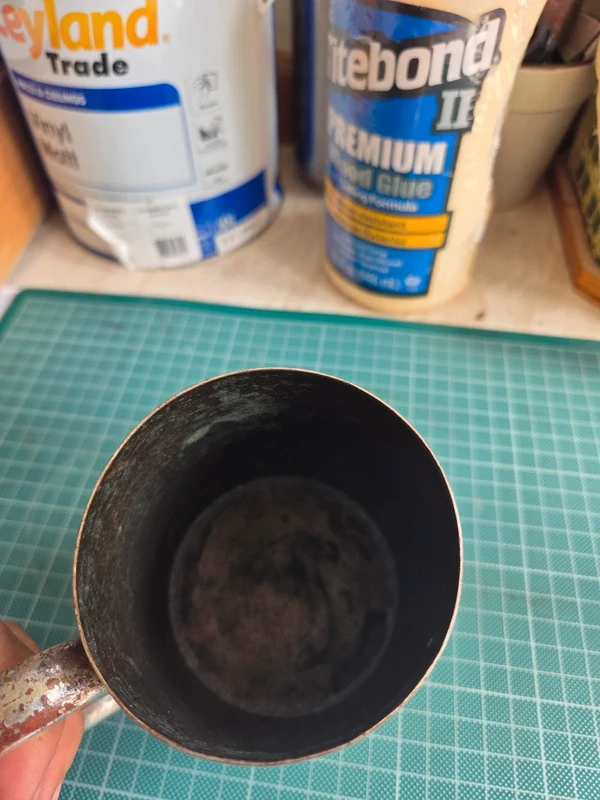 Antique silver plated tankard - interior view showing age and patina