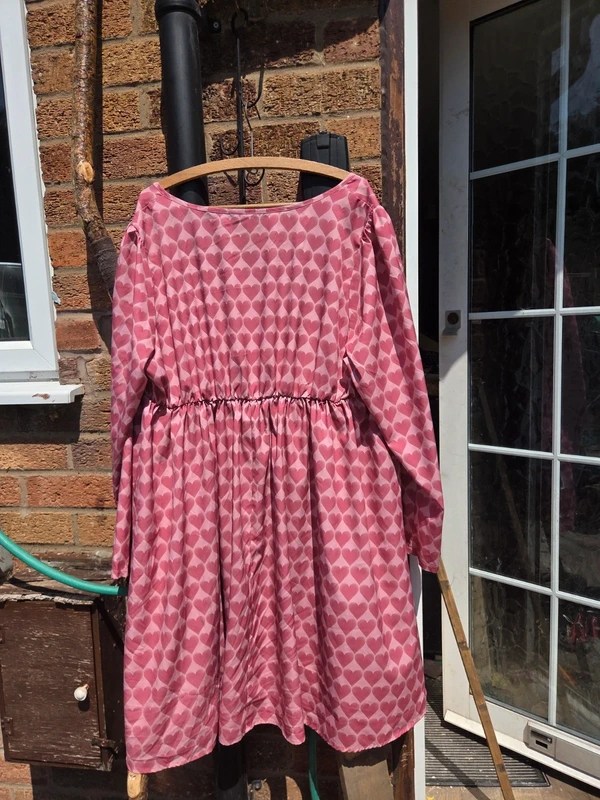 Shein pink heart print smock dress - back view showing boat neck and gathered waist